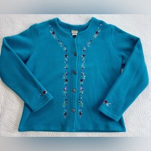 L.L. Bean Vintage Teal Fleece Floral Embroidery Medium